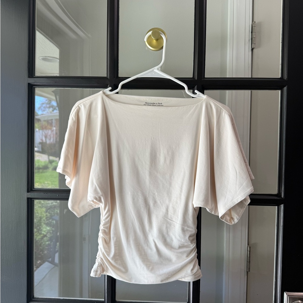 Abercrombie & Fitch Cream Short-Sleeve Ruched Side Top